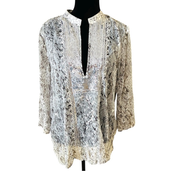 Chico's 2 Silver Sequin Snakeskin Patterned Sheer Tunic Top Blouse Large - Picture 2 of 8